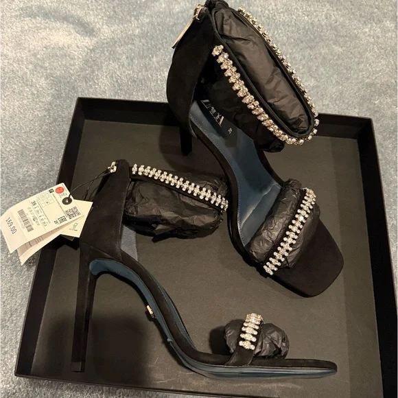 Zara Crystal Strap Black Suede Heels - Picture 4 of 11